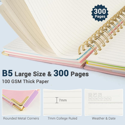 Hardcover Spiral Journal Notebook, 300 Pages 5 Subject Notebook College Ruled with Removable Dividers Tabs, 8" x 10" Notebooks for Work, Spiral Ruled Lined Writing Journal Hardcover Leather Notebook for School (Black, 8''x 10'')