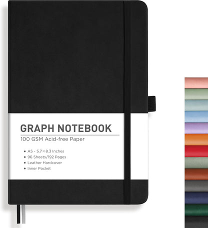 RETTACY Graph Grid Paper Notebook, 192 Pages, A5 Medium Size (5.7'' x 8.3''), 5 Squares per Inch, Leather Hardcover, 100 GSM Thick Paper, for School, Students, Math, Engineering (Brown)