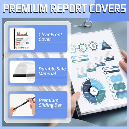 13 Pack Report Covers with Sliding Bar, Clear Report Covers for A4 and Letter Size Paper, Presentation Folders Resume Document Covers for School Office, Black