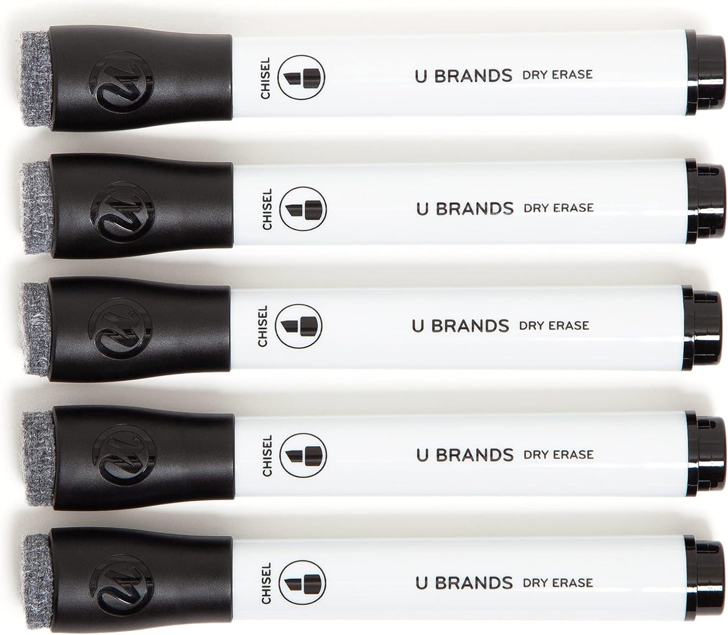 U Brands Fine Tip Dry Erase Markers with Eraser, Whiteboard Markers with Chisel tip, Low Odor, Black, Set of 5