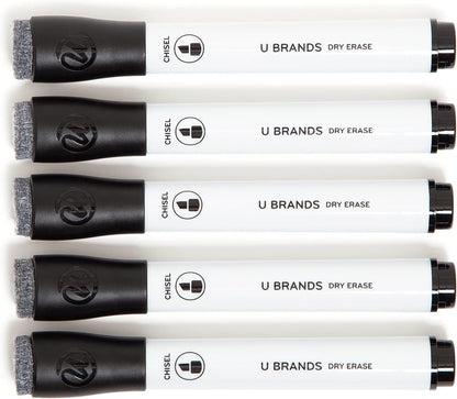 U Brands Fine Tip Dry Erase Markers with Eraser, Whiteboard Markers with Chisel tip, Low Odor, Black, Set of 5
