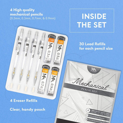 Mozart Essential Set of Lead Refills - 4 Sizes: 0.3, 0.5, 0.7 & 0.9 mm with 100 HB Lead Refills for Each - for Sketch, Architecture, Drafting, Art, Drawing Supplies, Metal Mechanical Pencils