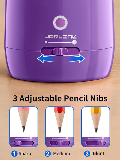 JARLINK Automatic Electric Pencil Sharpener - Hands-Free Operation, 3 Sharpness Modes, 3-Second Sharpening, Rechargeable & Portable for 7-12mm Pencils, Ideal for Classroom and Home Use (Black)