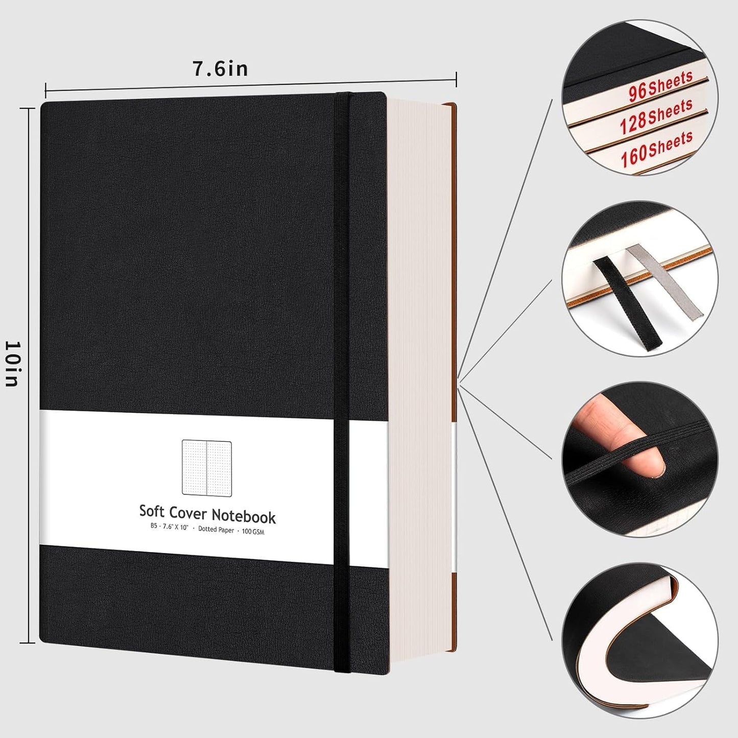 AHGXG Graph Paper Notebook - Grid Paper Notebook Large A4 8.5''×11'', 320 Pages Thick Journal, 100gsm Thick Graph Paper, Leather Softcover, Inner Pocket - Black