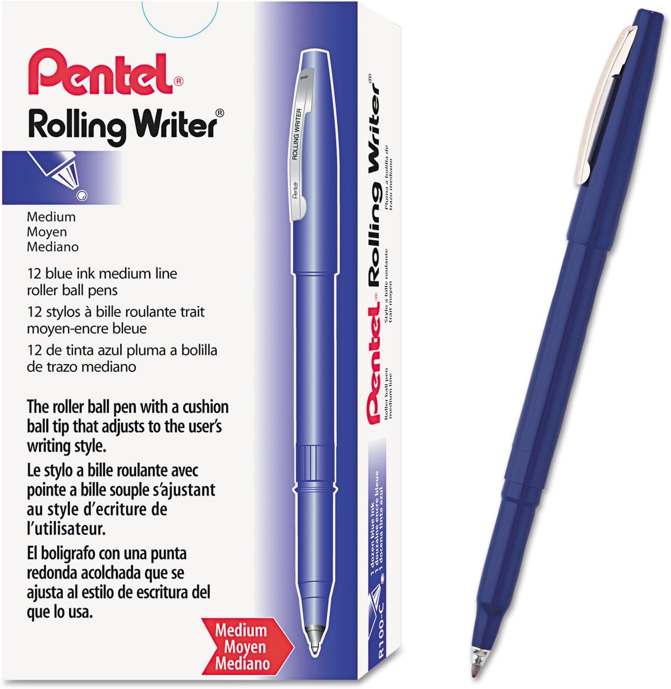 Pentel Rolling Writer Pen, 0.8 Millimeter Cushion Ball Tip, Black Ink, Box of 12 (R100-A)
