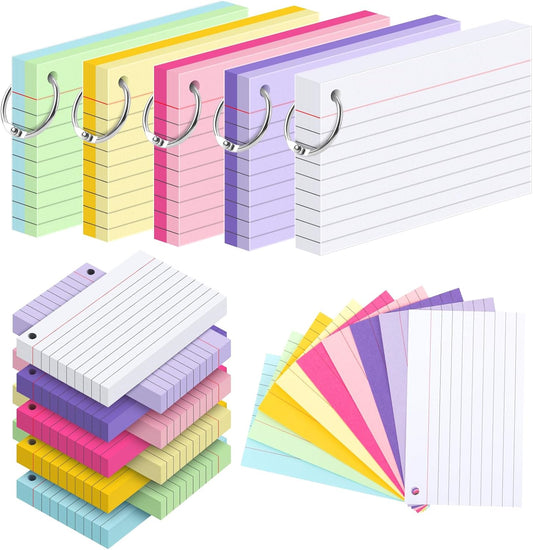 250 Count Colored Index Cards for Studying, 3x5 Inch Ruled Flash Cards 10 Color with Key Ring, 5 Packs of 50 Sheets Heavy Lined Study Note Cards with Waterproof Cover for School&Office Supplies