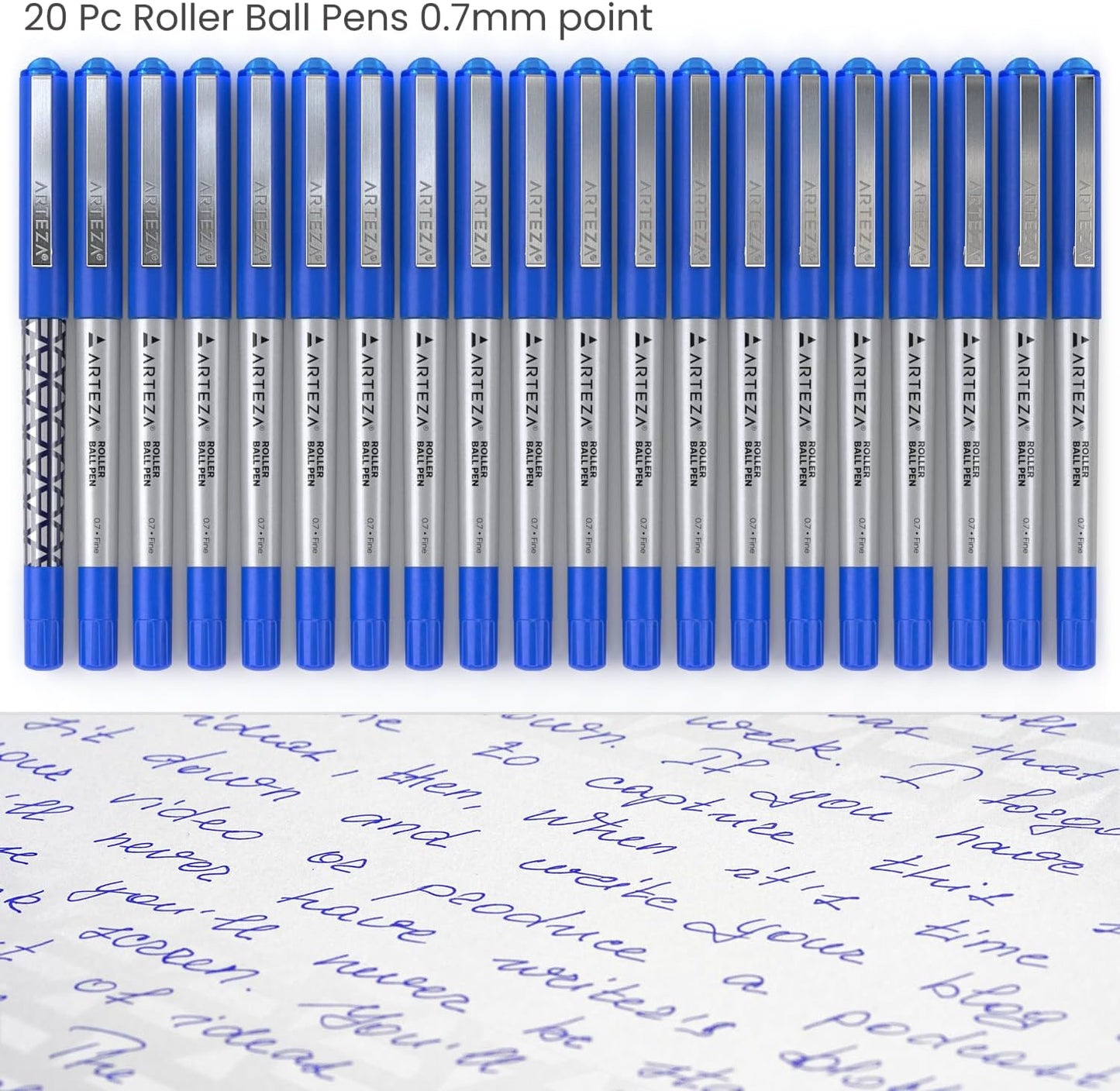 ARTEZA Rollerball Pens, 20 Pack Black Roller Ball Pens, 0.5 mm Needle Point Extra Fine Tip, Quick-Dry Fade-Resistant Liquid Ink for Note-Taking, Bullet Journals, Planners, and Office Use