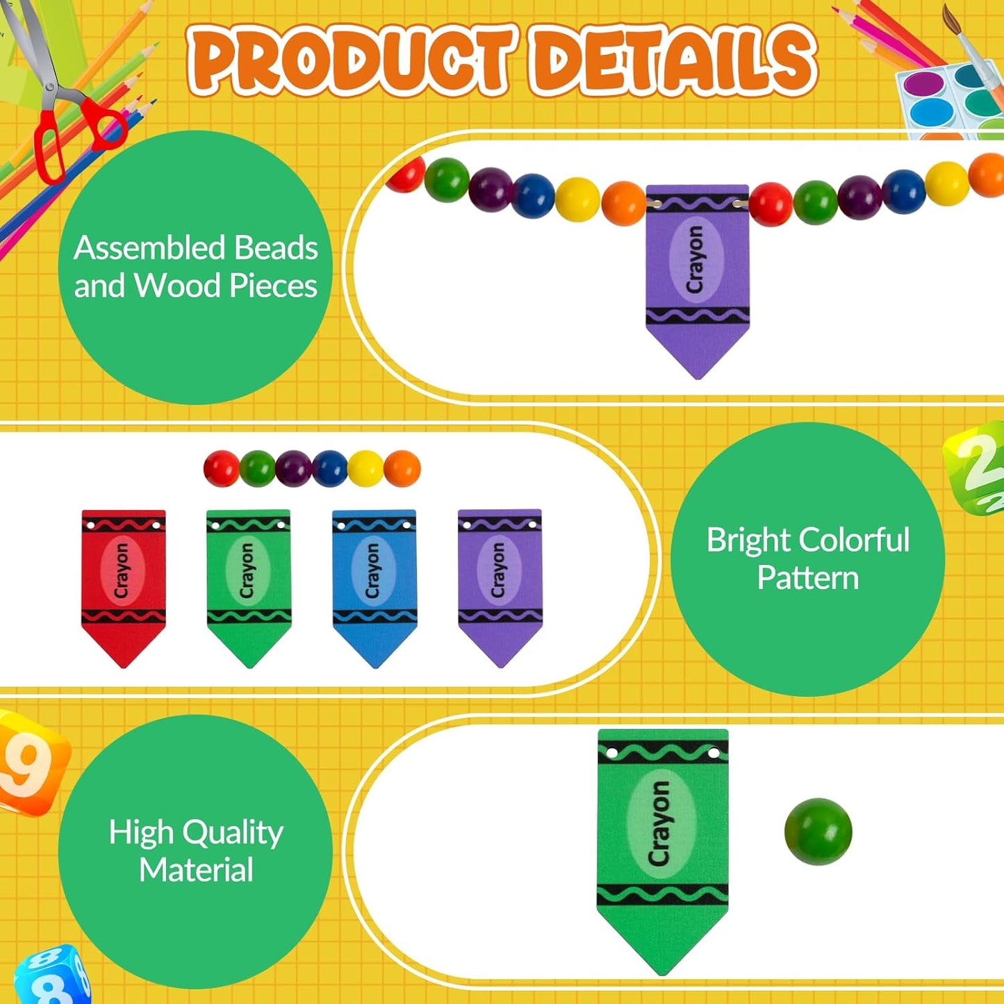 8.2 Ft Pencil Wooden Garland Graduation Yellow Pencil Banners with Cute Beads Hanging Ornaments for Kindergarten Classroom Office Home First Day of School Party Decor