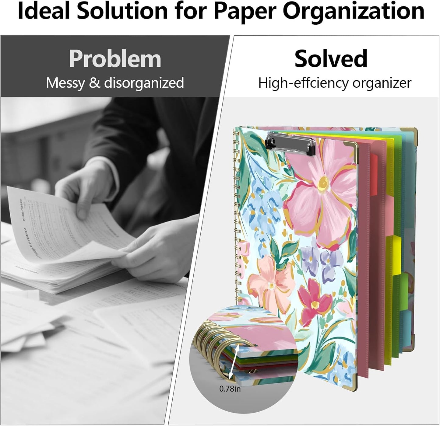 Clipboard Folio with Storage 8.5 X 11 Padfolio Notebook, Clipboards with Notepad Spiral with 10 Pockets and 5 Folders Nursing Teacher School Essentials (Pink Floral)