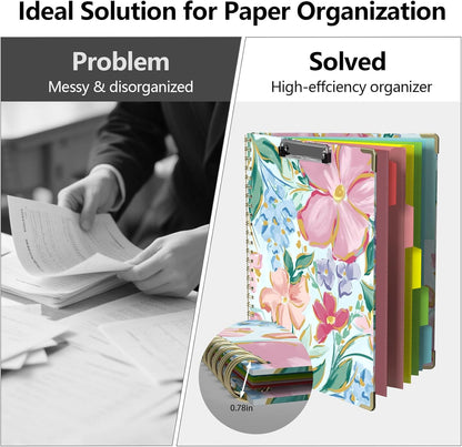 Clipboard Folio with Storage 8.5 X 11 Padfolio Notebook, Clipboards with Notepad Spiral with 10 Pockets and 5 Folders Nursing Teacher School Essentials (Pink Floral)