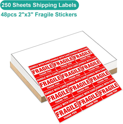 MFLABEL Half Sheet Shipping Labels - 200 Self Adhesive Sticker Sheets for Laser & Inkjet Printers, Waterproof & Smudge-Free, with 12 Free Fragile Labels for Packaging, Shipping and Crafting - Colors A
