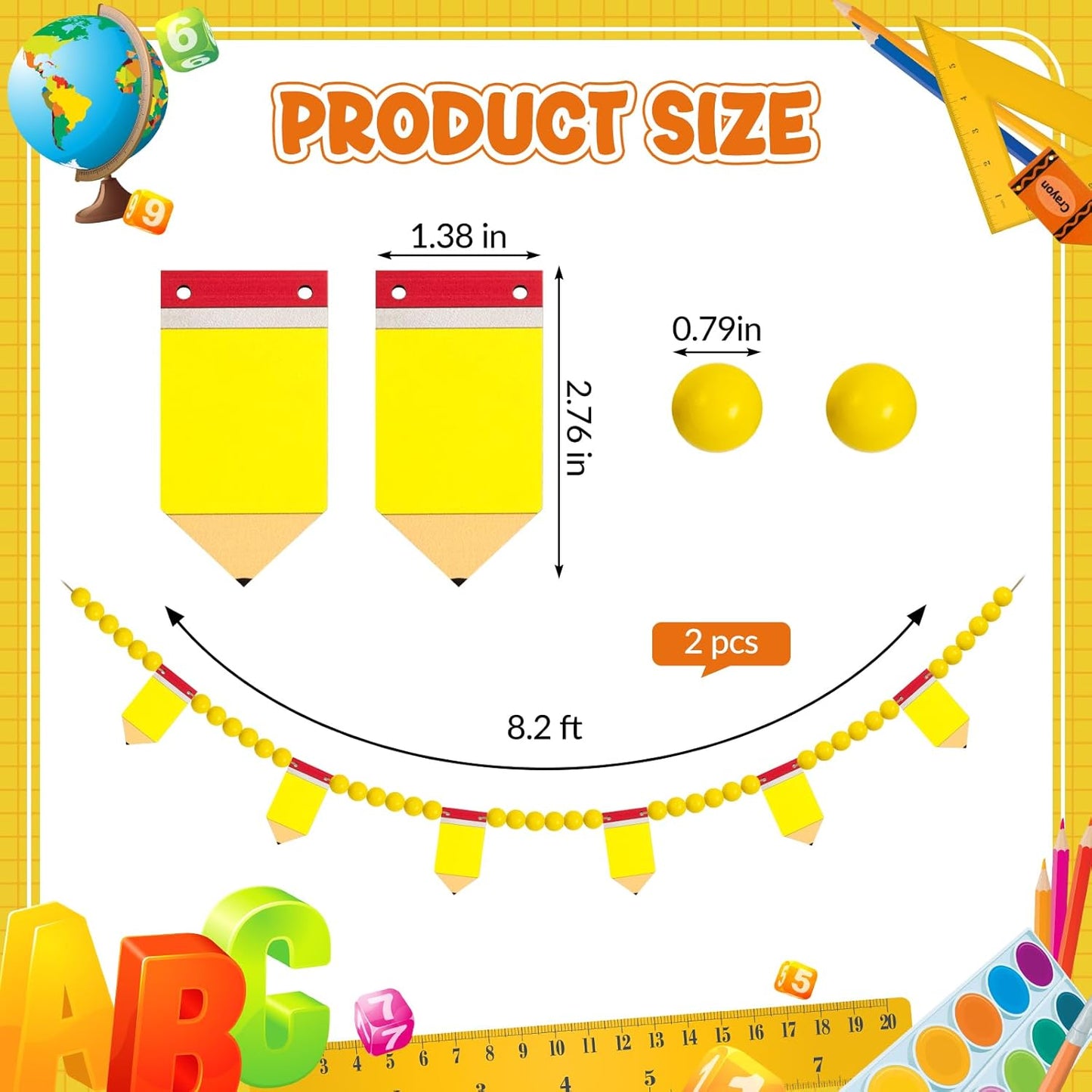 8.2 Ft Pencil Wooden Garland Graduation Yellow Pencil Banners with Cute Beads Hanging Ornaments for Kindergarten Classroom Office Home First Day of School Party Decor