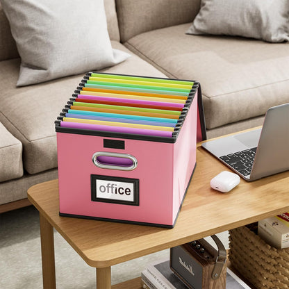 Huolewa Upgraded Portable File Organizer Box with Lid, Collapsible Linen Hanging Filing Storage Boxes with Plastic Slides, Decorative Home/Office Filing System Box for File and Folders Storage (Gray)
