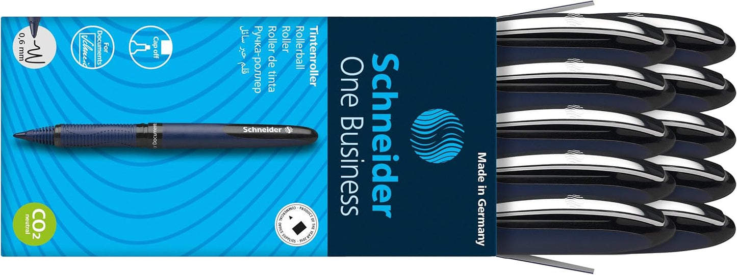 Schneider One Business Rollerball Pen, 0.6 mm Ultra-Smooth Tip, Blue Barrel, Black Ink, Box of 10 Pens (183001)