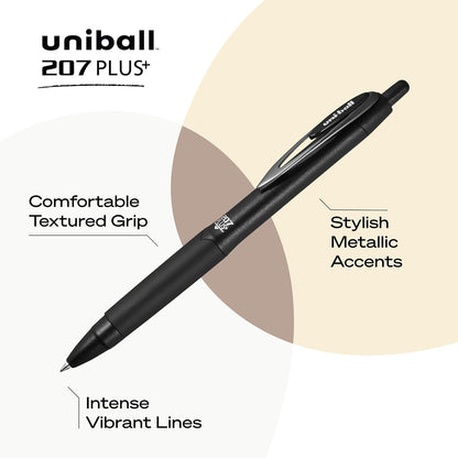 uniball 207 Plus+ Retractable Gel Pens, Medium Point (0.7mm), Black, 4 Pack