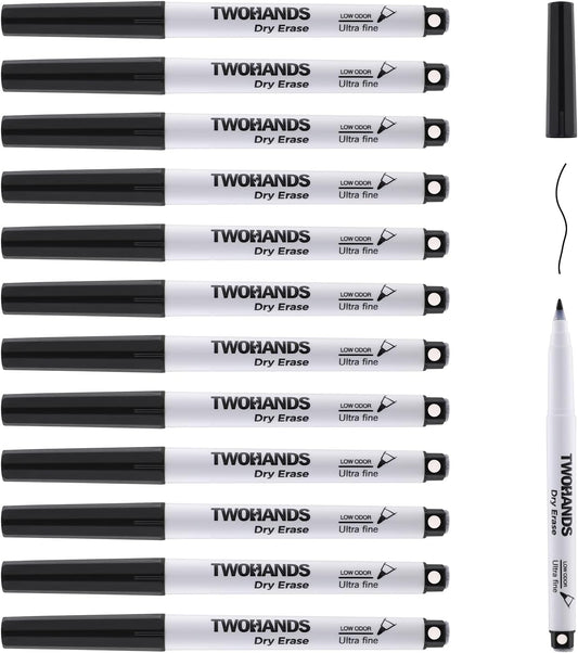 TWOHANDS Magnetic Dry Erase Markers Ultra Fine Tip,Extra Fine Point Thin Whiteboard Markers with Eraser for Office,Home or Planning, Fine Point Low Odor,11 Assorted Colors,0.7mm,12 Count,20659