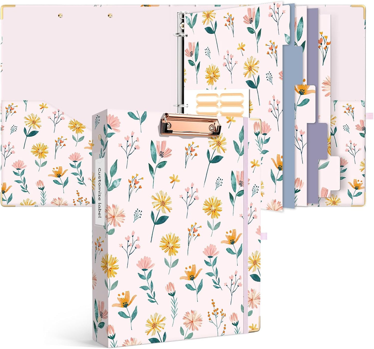 Ospelelf Binder 3 Ring 1 Inch, Floral Round Ring Clipboard Binder for Letter Size with 5 Tab Dividers, File Folder Labels, for School and Office Supplies