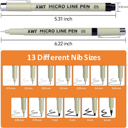 12+1 Fineliner Drawing Art Pens, Black Waterproof Pigment Ink Set for Artists, Sketching, Manga, Watercolor, Calligraphy, and Detail Outlining Archival Quality Inking Markers