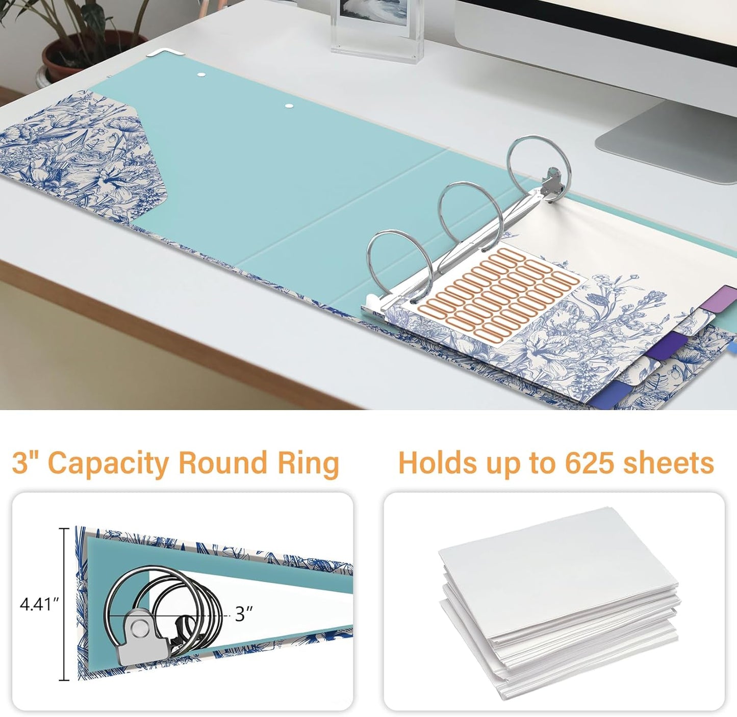 3 Ring Binder 3 Inch Ring, Three Ring Binders for Letter Size 11" x 8.5" with 6-Tab Dividers, 2 Pockets, Binder with Clip for School and Office Supplies-Wild Flowers