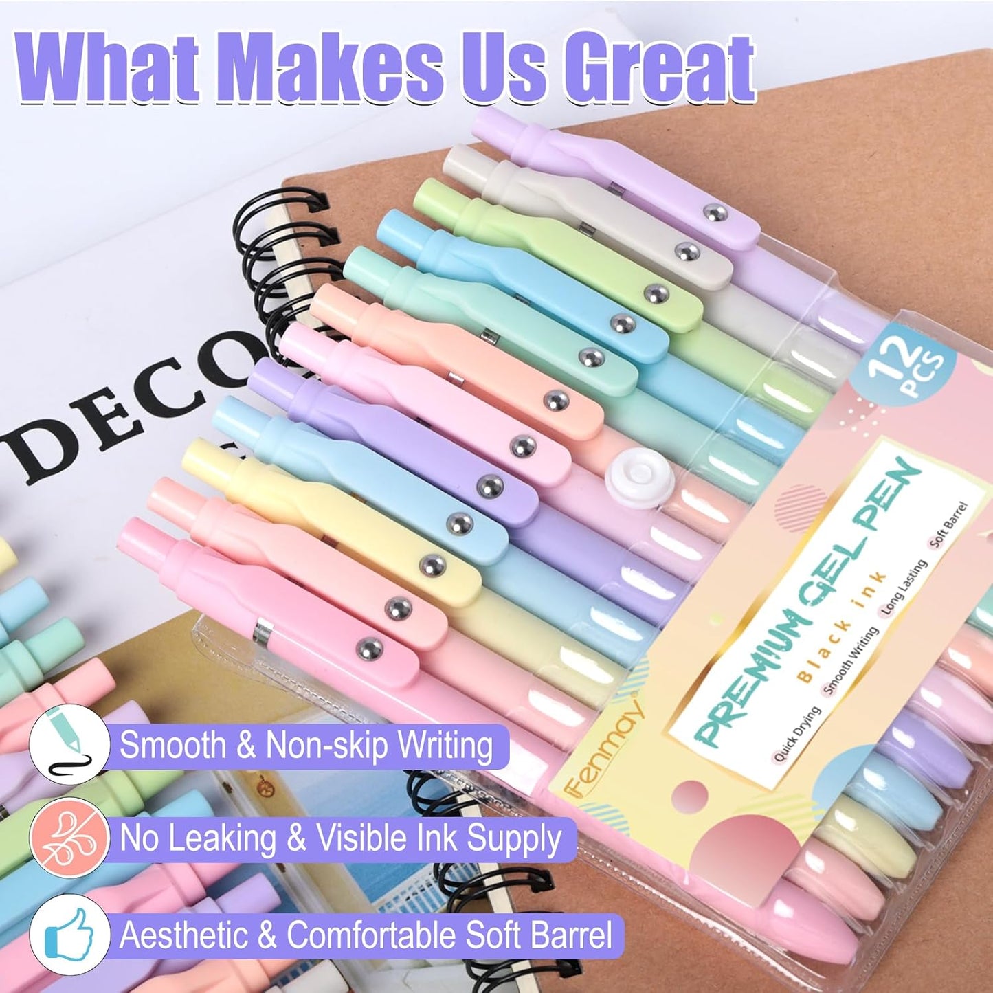 Fenmay Gel Pens, 12 Pcs Black Ink Pens 0.7mm Medium Point| Quick Dry No Smudge, Smooth Writing, Retractable Cute Aesthetic Pens for Journaling Note Taking School Office Supplies
