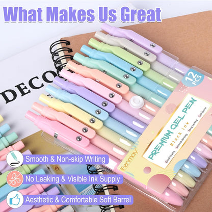 Fenmay Gel Pens, 12 Pcs Black Ink Pens 0.7mm Medium Point| Quick Dry No Smudge, Smooth Writing, Retractable Cute Aesthetic Pens for Journaling Note Taking School Office Supplies
