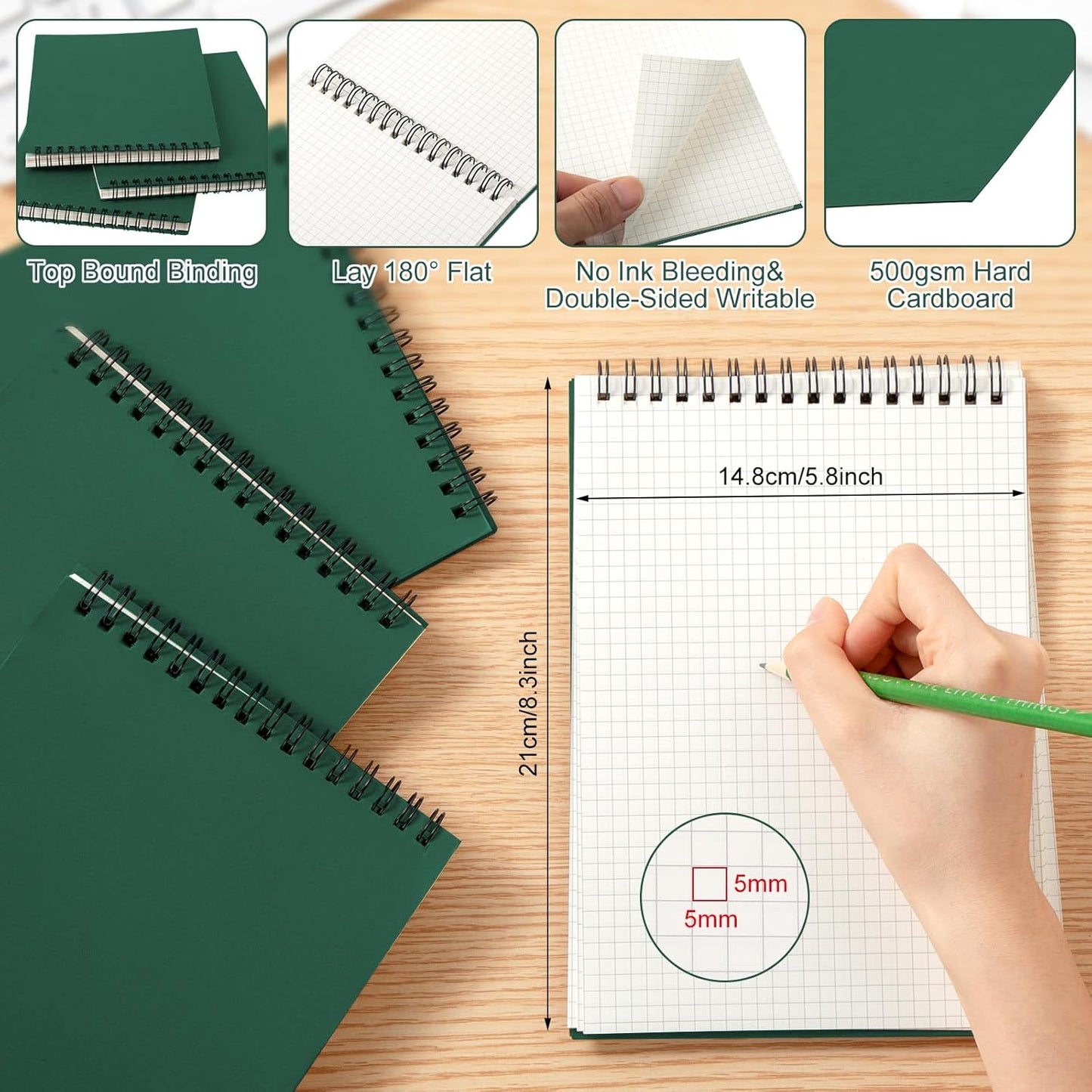 Engrowtic 2 Pack Graph Paper Spiral Notepad A5 Top Wirebound Notepad Grid Notebook Steno Pads Memo Notebook Grid Paper 140 Pages for Writing Sketching Drawing Office Supplies (Black)