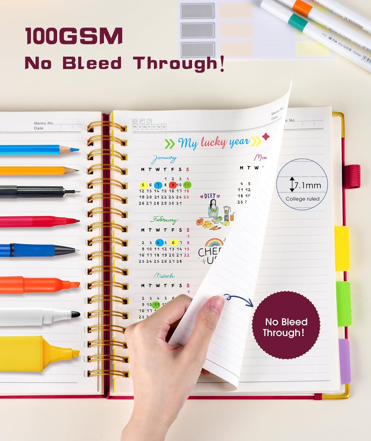 Hardcover Spiral Notebook Journal with Removable Dividers Tabs, 300 Pages Leather 5 Subject Notebook College Ruled, 8"x10" Large B5 Notebooks for Work School Note taking, Lined Journal for Women, Pink