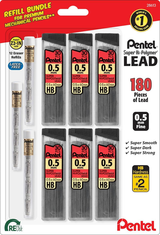 Pentel Super Hi-Polymer HB 0.5 mm Lead Refill Pack - 6 Packs of 30 Leads & 3 Packs of 4 Latex-Free White Erasers - Mechanical Pencil Refills