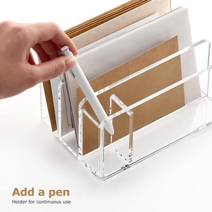 SANRUI 5 Compartments Acrylic Mail Sorter Holder, Clear Document Magazine Envelope File Rack, Vertical Letter Sorter & Multifunction Desk Organizer for Bills, Documents, Notebooks
