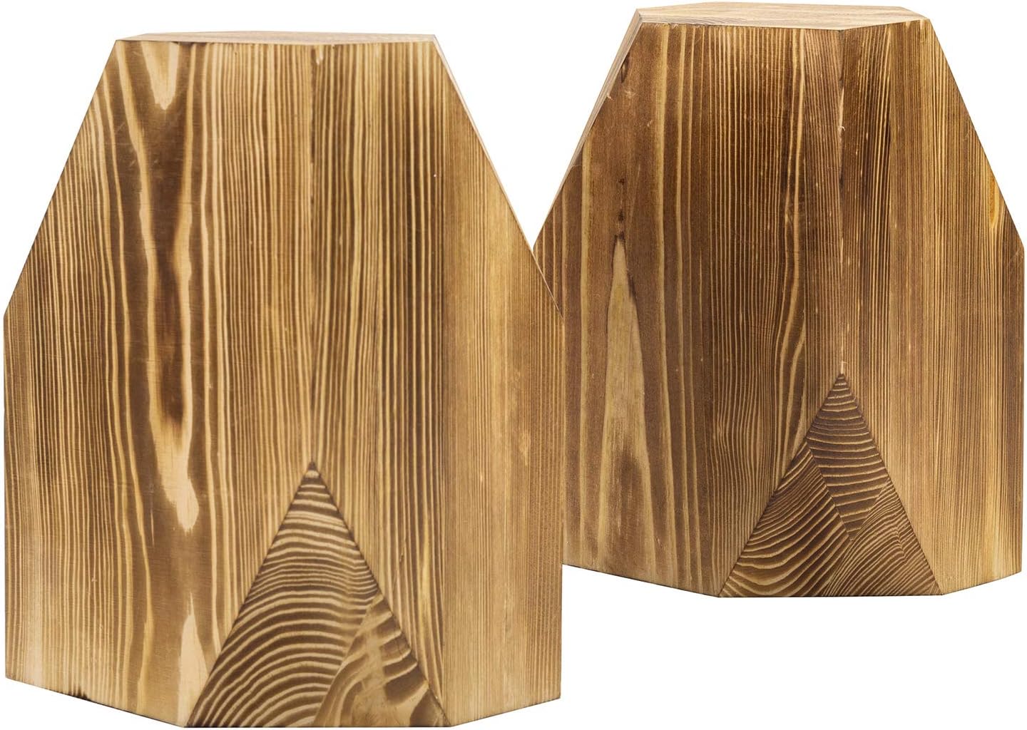 MyGift Brass Wood Decorative Bookends Triangular Design, Office Desk Wooden Book Ends, Book Stand for Shelves with Tone Ring Accent, Rustic Burnt