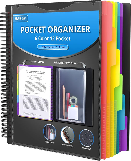 HABGP 12 Pocket Plastic folders with Pockets, 6 Colors Multi Pocket Folder Binder with Dividers, Office Organizer Folder Letter Size School Supplies