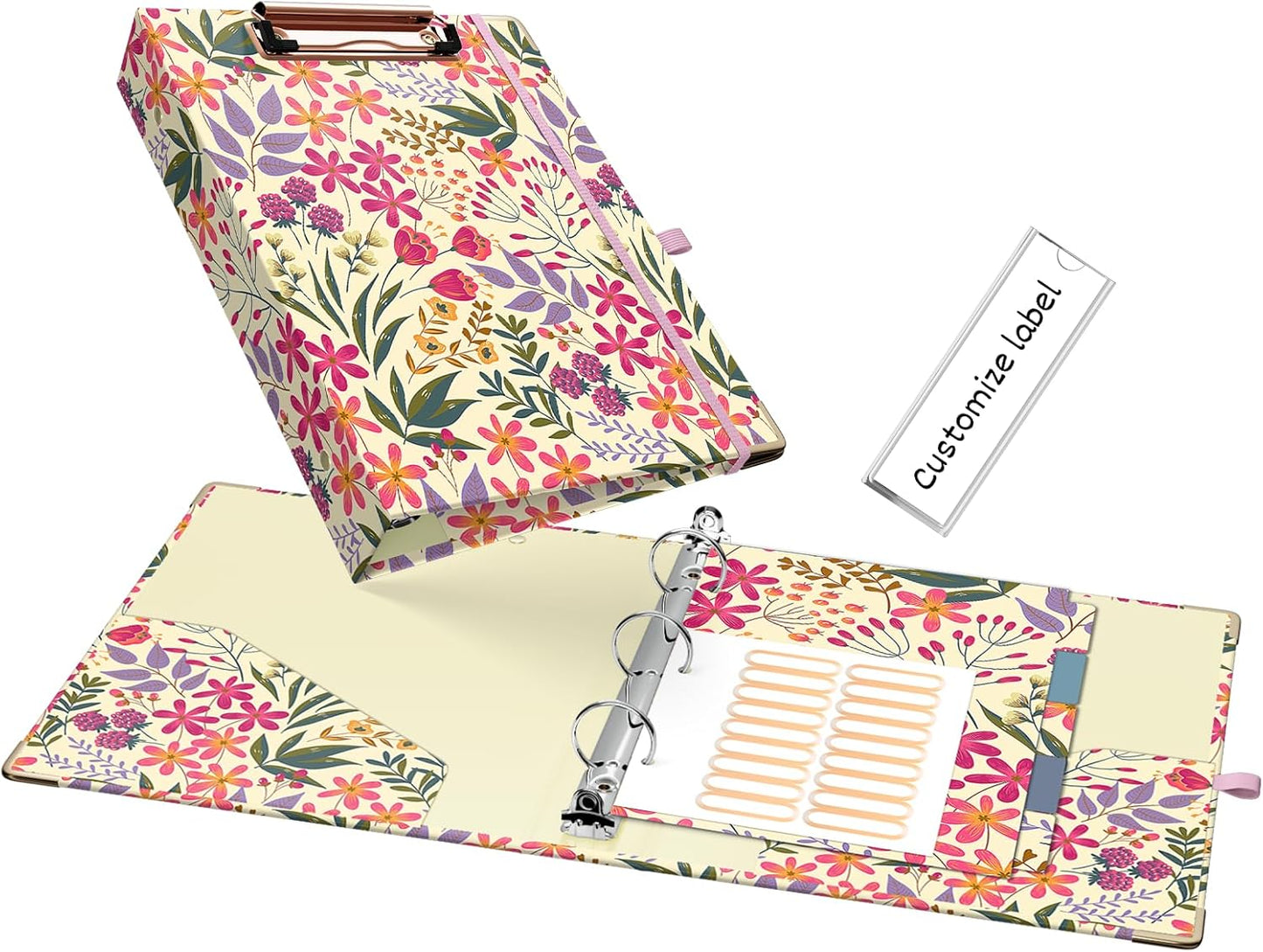 Ospelelf Binder 3 Ring 1 Inch, Floral Round Ring Clipboard Binder for Letter Size with 5 Tab Dividers, File Folder Labels, for School and Office Supplies
