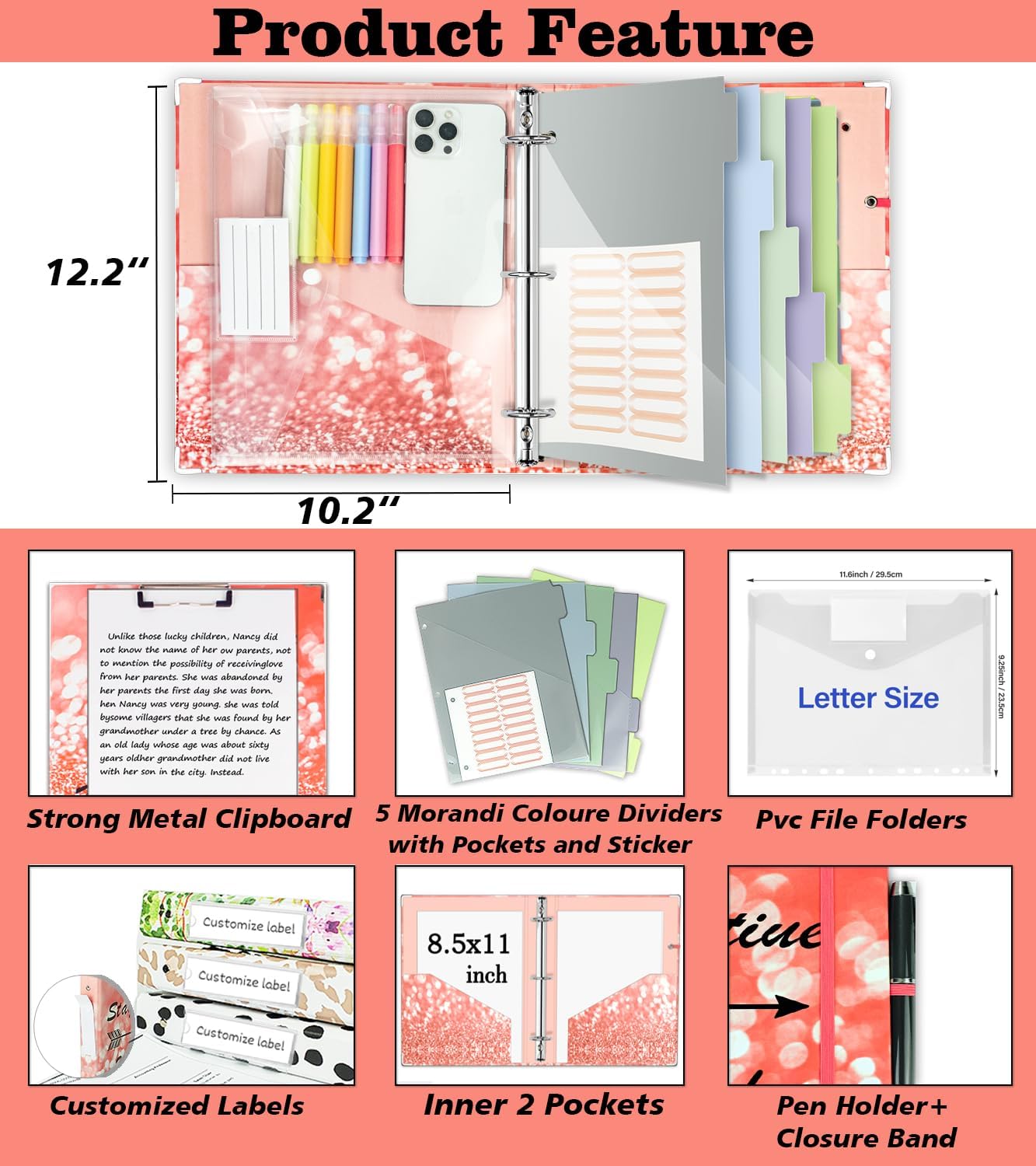 3 Ring Binder 1 Inch, Three Ring Binders Organizer with Clipboard, 5-Tabs Pockets Dividers, Plastic Folder, 18 Divider Stikers, BVSSX Pretty Binder with Pen Loop (Black Weeds, Letter Size)
