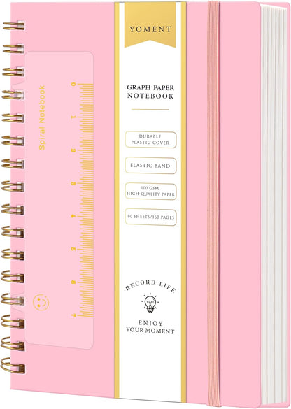Yoment Graph Paper Spiral Notebook A5 Graphing Notebook 160 Pages Graph Paper Notebook Spiral Bound Waterproof Plastic Hardcover Spiral Journal 5x7 Grid Notebooks for Note Taking,Black