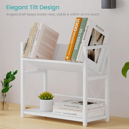 ELITEROO Desktop Bookshelf, 2 Tier Desk Shelf Organizer, Wooden Tabletop Bookcase, Small Desk Top Book Rack for Office, Home, Bedroom, Small Space Storage and Display, Rustic Brown
