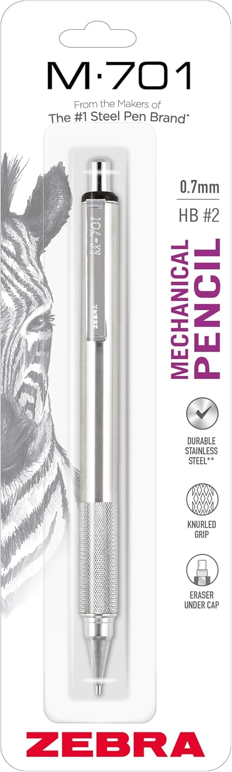 Zebra Pen, M-701 Mechanical Pencil, 0.7mm Point, Durable Stainless Steel Barrel, Knurled Metal Grip, Refillable, STEEL Series, Ideal for Tactical Use, 1-Pack, (59411)