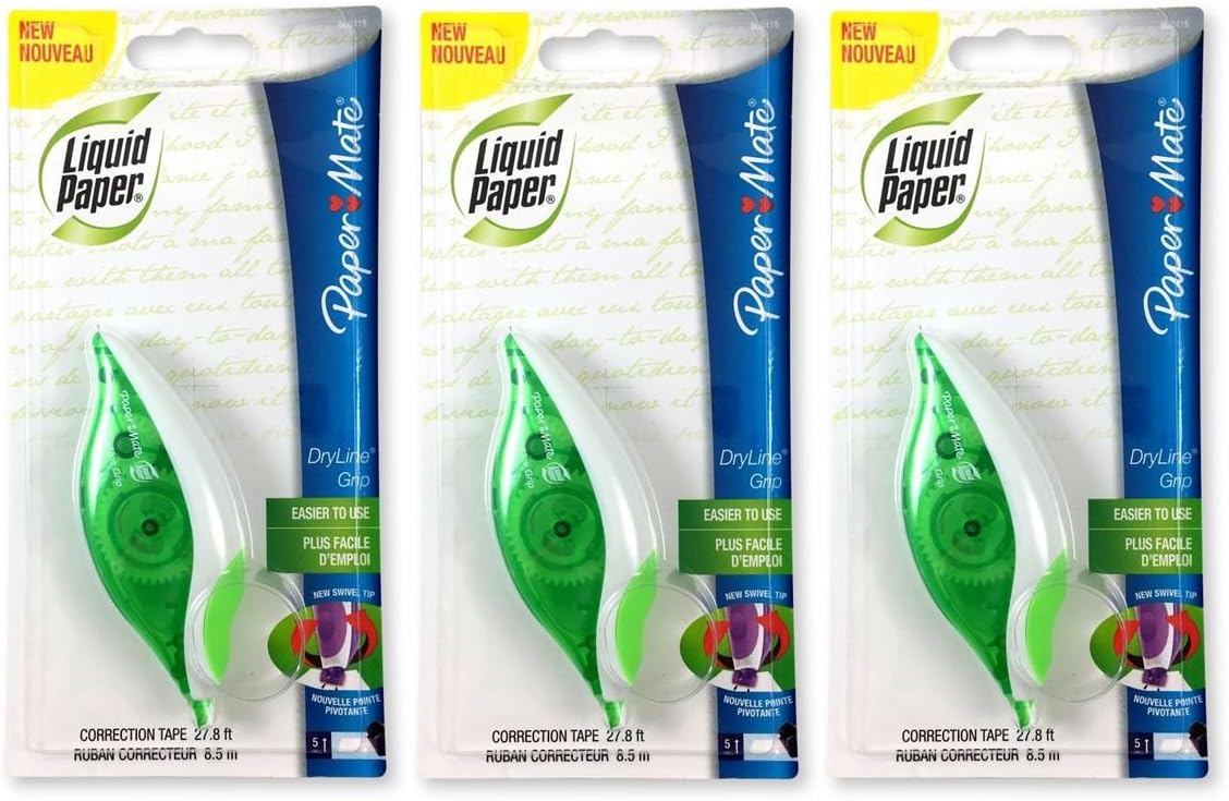 Paper Mate 660415 Liquid Paper DryLine Grip Correction Tape Dispenser, Pack of 4; Transparent Green Body; 1/5 inches Wide x 27.8 feet Long White Tape; Applies Dry, Rewrite Instantly; Swivel Tip