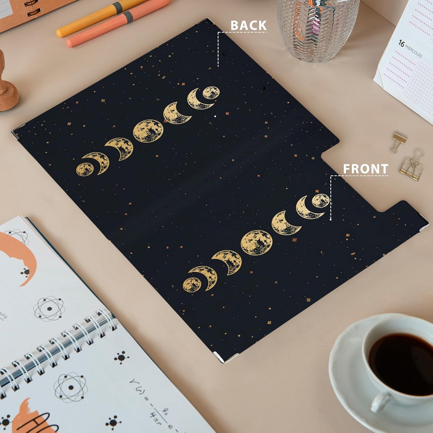 Gothic Moon Phase Clipboard Folio with Storage, Witchy Moon Decorative Clipboard Folder, Gothic Black Gold Clipboards for Women, Witchy Gifts Office Supplies, 12.4x9.2In