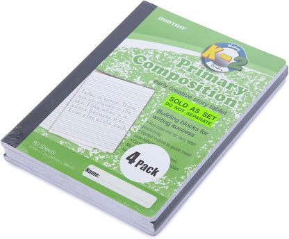 Mintra Primary Composition Notebook, 4 Pack, Assorted Colors 80 Sheets, 7.5in x 9.75in, 1/2 Sheet, Ruled with Drawing Area, Flexible Hardcover Journal, Grades K-2, School & Home Use