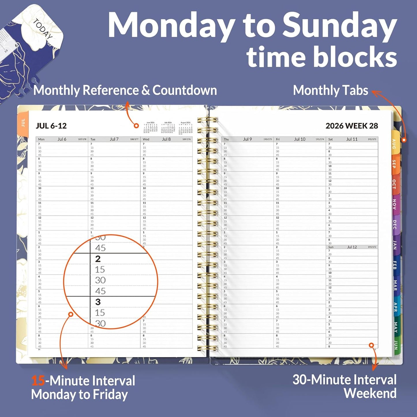 SUNEE 2026-2027 Appointment Book, Quarter-Hourly, Weekly & Monthly - from July 2026 to June 2027, 8.5"x11" Academic Planner, Flexible Cover, Note Pages, Bookmark, Spiral Binding, Black