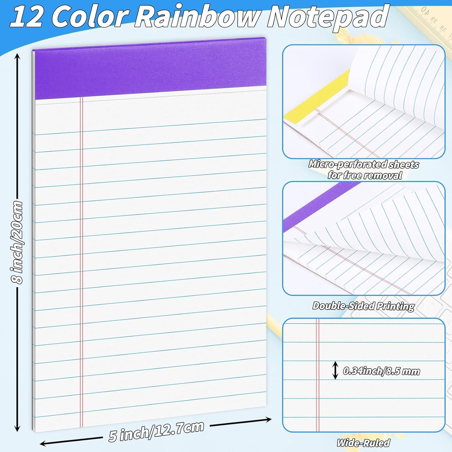 36 Pack Legal Pads Bulk, 5x8 Inch Rainbow Notepad, Note Pads Wide Ruled Perforated Memo Pad for Work Study Daily Note Taking List, Lined Writing Pads Memo Refills Notepads for Office Home School