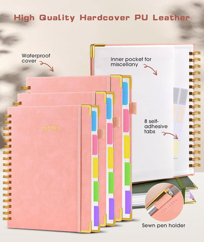 Hardcover Spiral Notebook Journal with Removable Dividers Tabs, 300 Pages Leather 5 Subject Notebook College Ruled, 8"x10" Large B5 Notebooks for Work School Note taking, Lined Journal for Women, Pink