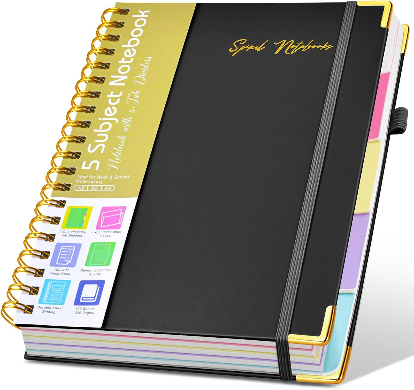 Hardcover Large Spiral Notebook 8.5" x 11" with Removable Dividers Tabs, 300 pages Leather 5 Subject Notebook College Ruled, A4 Journal for Women Men, Notebooks for Work School Note taking,Black