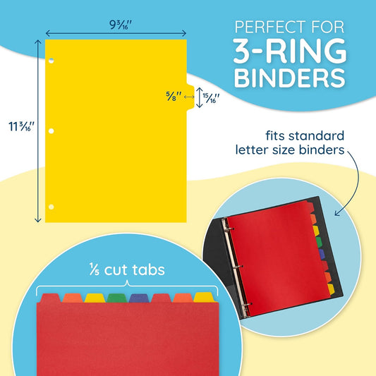 Blue Summit Supplies 24 Pack 8 Tab Plastic Dividers, Heavy Duty Plastic Dividers for 3 Ring Binder with 3 Hole Punch for Notebooks and Binders, Assorted Colors, Letter Size