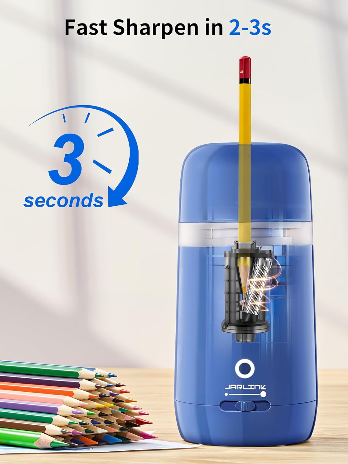JARLINK Automatic Electric Pencil Sharpener - Hands-Free Operation, 3 Sharpness Modes, 3-Second Sharpening, Rechargeable & Portable for 7-12mm Pencils, Ideal for Classroom and Home Use (Black)