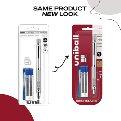 uniball Kuru Toga Elite Mechanical Pencil Starter Kit, 0.5mm, HB #2, Silver Barrel, 1 Pack