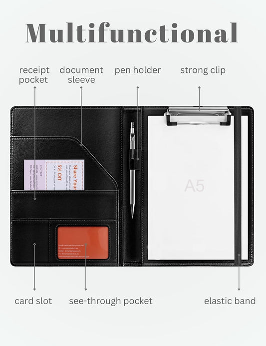 Small Clipboard Junior Padfolio Folio 7 x 9 Writing Pad Refillable, Mymazn Faux Leather Folder A5 for Notepad 5 x 8 Junior Size Portfolio (Black)