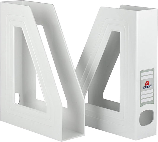 Acrimet Magazine File Holder Bin Storage, Vertical Rack for Documents, Folders and Mail, Durable Plastic Desk Organizer for Office & Home (White Color) (2 Pack)