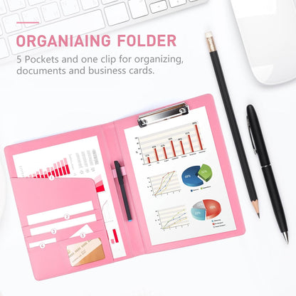 Pink Padfolio Clipboard Portfolio Folder with Pen - Geila PU Leather Resume Portfolio - Interview/Legal Document Organizer & Conference Folder for Business Office - with 8.5 x11In Writing Pad