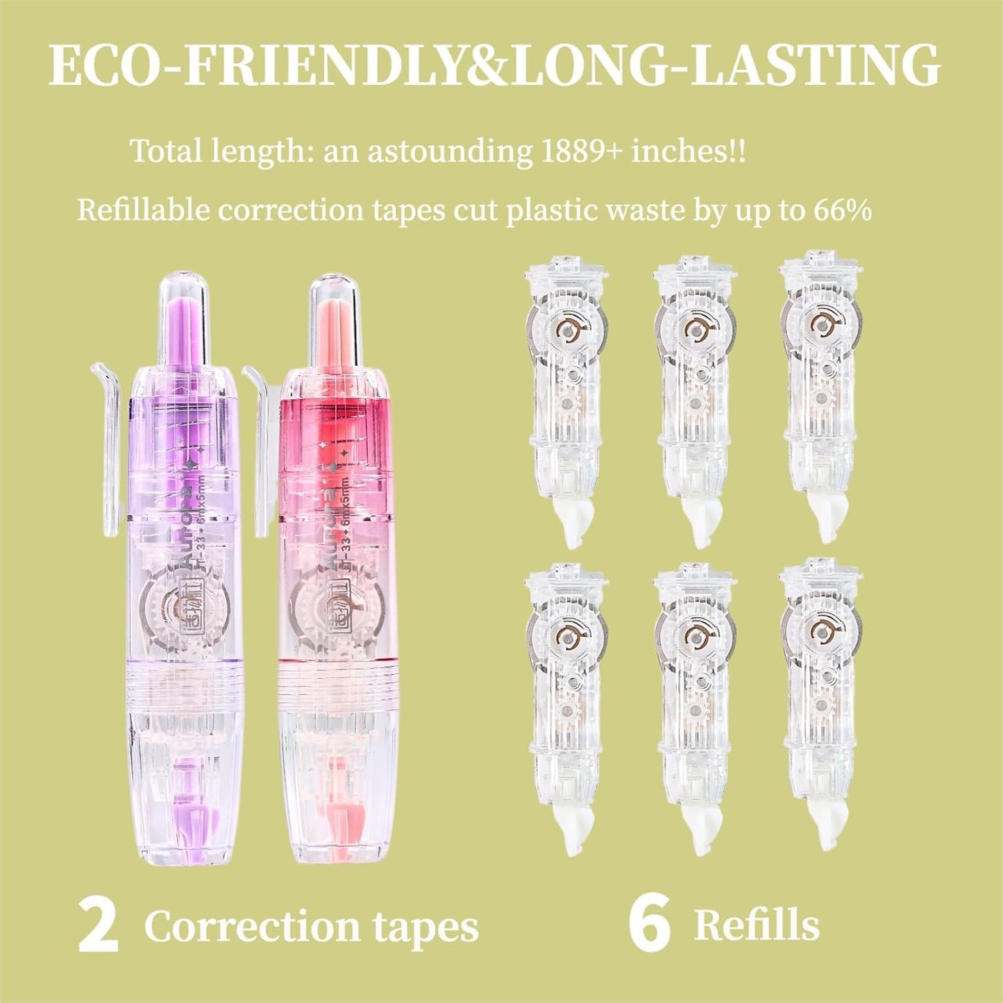 Refillable Correction Tape, 157 ft Total – 2 Pre-Filled Dispensers + 6 Snap-In Refills, School & Office Supplies, Pink &Purple
